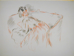 A woman reclining, face down, on a 'canapé à confidents', reading a book