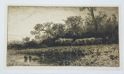 Le Soir, cinq vaches et leur gardien, sur une chaussée, crépuscule
