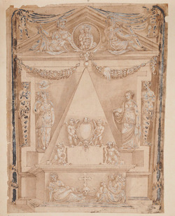 Design for a tomb, incorporating allegorical figures on either side of a pyramid above an altar