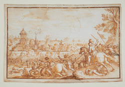 A battle scene with the siege of a fortified city
