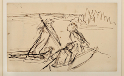 Two men in a rowing boat and a woman punting