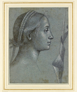 Recto: Head of a woman and a pennant wound round a pole
Verso: Head of a woman