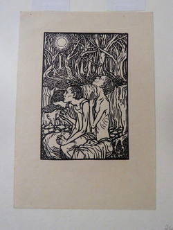 Frontispiece to 'The Descent of Ishtar': three figures praying in a wood with sun shining through
