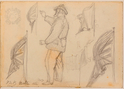Recto: studies of a standing man and Union flag for 'Walton-on-the-Naze' 
Verso: designs for a monogram