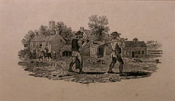 Tail piece from the History of British Birds: two men carrying a barrel