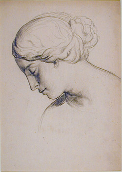Head of a woman, inclined downwards, in profile to left