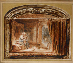 The Holy Family with Joseph cutting wood