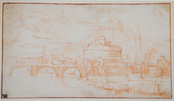 View of an imaginary town with the Castel Sant'Angelo, a bridge, and a mountain beyond