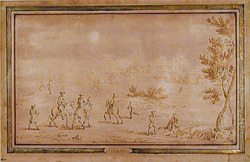 Landscape with three horsemen and other figures, with a building in the distance