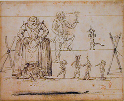 Recto:  A tightrope walker, holding a drinking glass, and other acrobats
Verso: Two figures from the Italian Comedy with two smaller figures in caricature