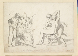 A youth standing by a woman playing a lyre and a separate study of an embracing couple (after the antique)