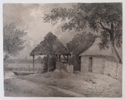 Farm buildings on the edge of a river