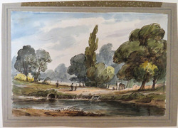 View of Trees and Figures across a Stream