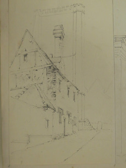 View of unidentified house with tower behind