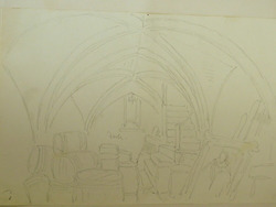 Annotated sketch of vaulted cellar filled with barrels
