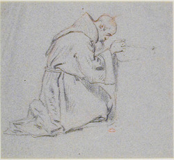 A monk, kneeling in prayer in profile to right