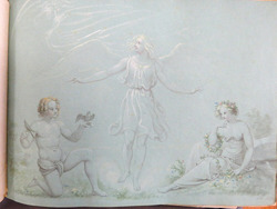 Standing angel gazing to upper left, with kneeling nude male carrying two birds lower left and seated woman arrayed with flowers, possibly Spring, to lower right