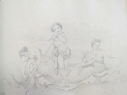 Cupid standing in a shell boat, leaning on his oar, with young woman and swan on each side, the woman to right holding a stringed instrument