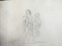 Adam and Eve cast out of Paradise, being offered fruit and a chalice by angelic figure in a cloud to left, with flying figure to top right brandishing a thunderbolt