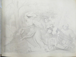 Woman pulling a cart laden with logs towards a cottage in the woods, with a man assisting to right and a young girl behind carrying a bundle of sticks on her head