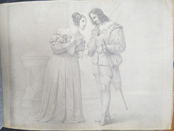 Couple in Stuart dress, standing in a castle interior, the woman holding the man's right hand and whispering to him