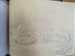 Woodland scene with two children thrown from a cart drawn by a dog in harness which is chasing a hare