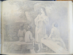 Standing man with a cross on his breast resting his axe on a block of wood and talking to three seated children, while pointing to a distant sunlit landscape with palm trees at far left