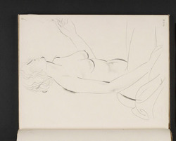 Seated female nude with left arm raised, holding a cigarette