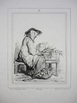 Seated woman with baskets of vegetables