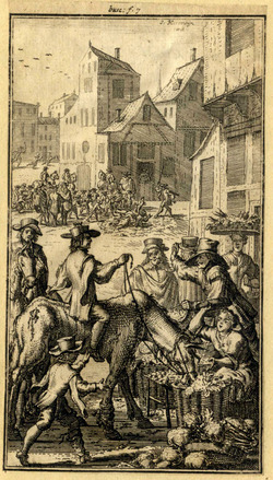 Scene with a rider, where the horse is eating the vegetables in a market