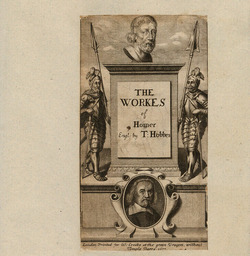 Title-page to Thomas Hobbes's translation of 'The Workes of Homer', with title on a plinth supporting a bust of Homer, flanked by two armoured male figures, with an oval portrait of Hobbes below