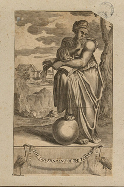 Illustration to Richard Allestree's 'The Government of the Tongue', with title on banderole held between two herons, with a female figure holding an open book and resting one foot upon a sphere, with buildings and landscape in the background