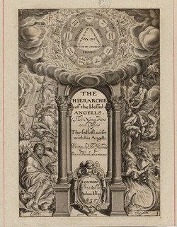 Title-page to Thomas Heywood's 'The Hierarchie of the Blessed Angells', with title in an archway flanked by a scene of Jacob's ladder to the left, and a scene of the Fall of the Damned to the right, with the tetragrammaton surrounded by a diagram of the heavenly hierarchy above