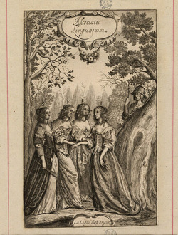 Frontispiece to James Howell's 'Lexicon Tetraglotton' with alternate title in cartouche, with landscape scene including four female figures emblematising Spain, France, Italy, and England, with a helmeted male figure to the right, with initials to identify the figures throughout