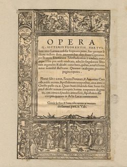 Title-page to a Latin translation of Tertullianus's 'Opera', with title on a tablet surrounded by scenes of courtly life with Vices and Virtues below, with Cupid and Adulatio to the left, with Mercury, Apollo and Daphne above