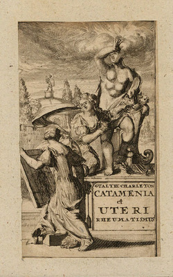 Frontispiece to Walter Charleton's 'Inquisitiones medico-physicae', with title on a plinth topped by an allegorical figure holding a cornucopia, with two women interacting