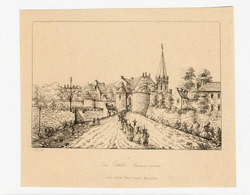 Landscape with religious procession walking towards a walled city with a statue of the Virgin above the Norman gateway