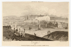 View of the harbour and coastline at Dieppe, with figures gathered on a hill watching the ships