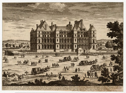 Plate 4: View of the royal Chateau of Madrid, with figures and carriages in the foreground