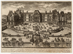 Plate 103: View of the entrance to the Chateau of Meudon, with figures and carriages around a gated wall