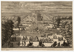 View of the Fountain of Apollo at Versailles, with carriages, ships, and figures