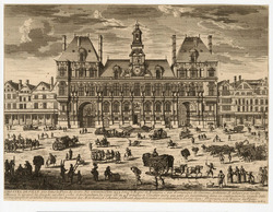 View of the City Hall in Paris, the former Place de Grève, with wagons, carriages, and figures