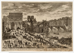 View of the gate of Saint-Bernard in Paris, with a street leading to the monumental arch, the river Seine, and the towers of Notre-Dame