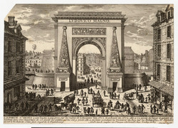 View of the gate of Saint-Denis in Paris: a triumphal arch flanked by two richly carved obelisks, figures and vehicles in the foreground