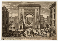 View of the gate of Saint-Denis in Paris: a triumphal arch flanked by two richly carved obelisks, figures and vehicles in the foreground