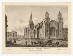 View of the Cathedral of Autun in Burgundy, with cows pulling a wagon of hay and a fountain in the square at left