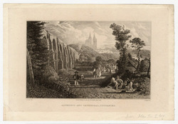 View of the aqueduct and Cathedral of Coutances, with figures walking and resting on a country road lined with thatched cottages