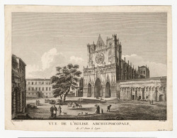 View of the church of St Jean in Leon, with figures, horses, and a mason in the yard