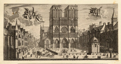 Front view of the cathedral of Notre Dame in Paris, with horsemen, carriages, and figures in the square