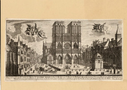 Front view of the cathedral of Notre Dame in Paris, with horsemen, carriages, and figures in the square